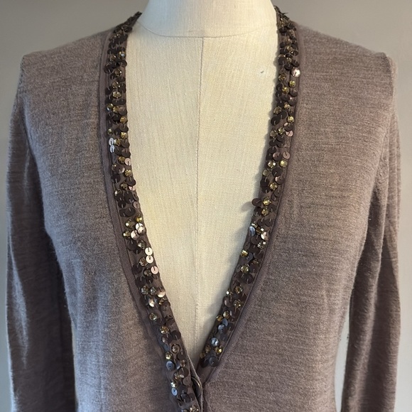 LOFT Taupe brown Cardigan with Sequin Trim wool blend lightweight button down M - Picture 3 of 13